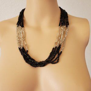 Rich & Elegant Black Silver Clear Glass Nugget 6 Strand Necklace